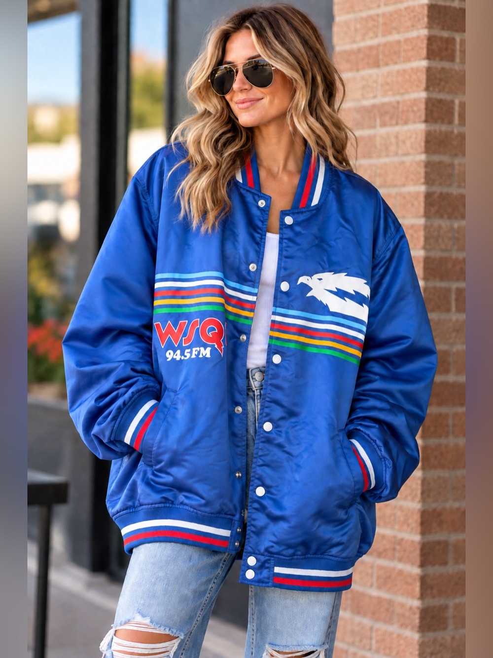 Netflix Stranger Things Blue Satin Varsity Jacket with Multicolor Stripes NWT